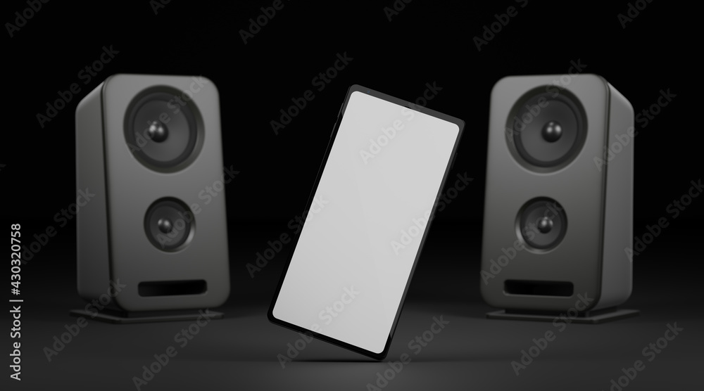 Fototapeta premium two audio speakers and smartphone with blank screen for copy space