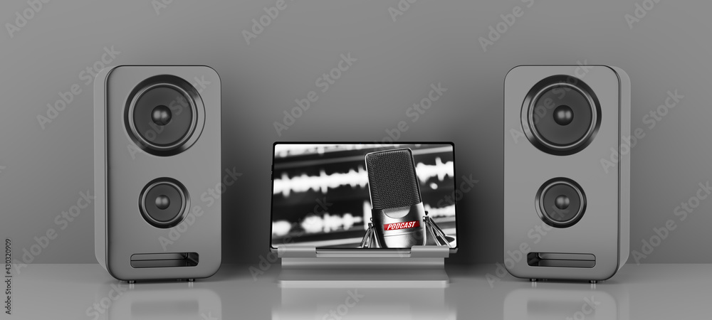 Fototapeta premium Audio speakers and digital tablet. Podcast concept
