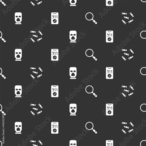 Set Magnifying glass with search, Bullet, Balaclava and Telephone call 911 on seamless pattern. Vector