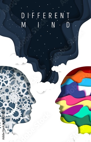 Different types of human mind vector poster. Paper cut man head silhouettes with gears and creative abstract shapes.