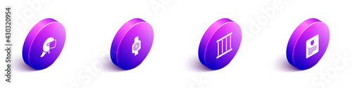 Set Isometric Police helmet, Human target sport for shooting, Prison window and The arrest warrant icon. Vector