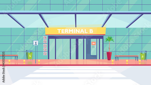 Airport main entrance interior, banner in flat cartoon design. Facade of building with gate to terminal. Boarding plane, arrival, travel and tourism concept. Vector illustration of web background