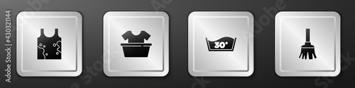 Set Dirty t-shirt, Basin with, Temperature wash and Feather broom icon. Silver square button. Vector