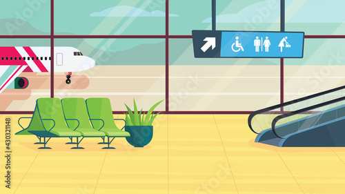 Airport waiting hall interior, banner in flat cartoon design. Departure lounge with chairs, escalator, airplanes outside window. Boarding plane, travel, tourism. Vector illustration of web background