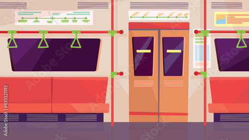 Empty subway car interior, banner in flat cartoon design. Seats and handrails in underground carriage. Modern public urban transport, infrastructure concept. Vector illustration of web background