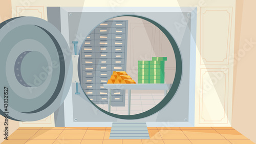 Safe deposit box at bank interior, banner in flat cartoon design. Huge door with combination lock from money storage. Deposit protection, banking service concept. Vector illustration of web background