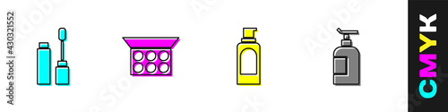 Set Mascara brush, Makeup powder with mirror, Spray can for hairspray and Cream lotion cosmetic tube icon. Vector