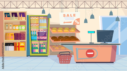 Grocery store interior, banner in flat cartoon design. Supermarket cash desk, racks shelves with bread and food, fridge with drinks. Purchases, shopping, sale. Vector illustration of web background