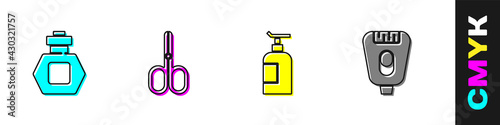 Set Perfume, Scissors, Cream lotion cosmetic tube and Epilator icon. Vector