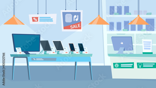 Gadget shop interior, banner in flat cartoon design. Table with monitor, smartphones and tablets, showcase of electronics store, cash desk, discount offers. Vector illustration of web background