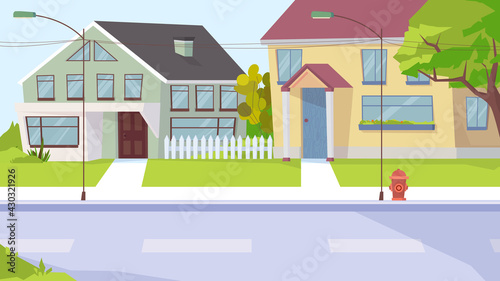 Country street view, banner in flat cartoon design. Village landscape with house buildings, sidewalk, lanterns. Suburban infrastructure and real estate concept. Vector illustration of web background