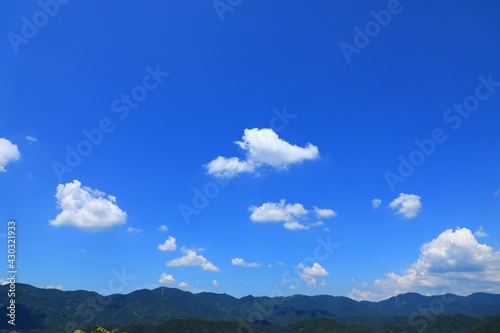 White clouds floating in blue sky, rolling green hills, pretty scenery of nature