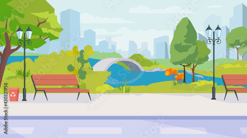 Summer city park view, banner in flat cartoon design. Public garden or square with lake, bridge, benches, lanterns and footpath, cityscape with skyscrapers. Vector illustration of web background