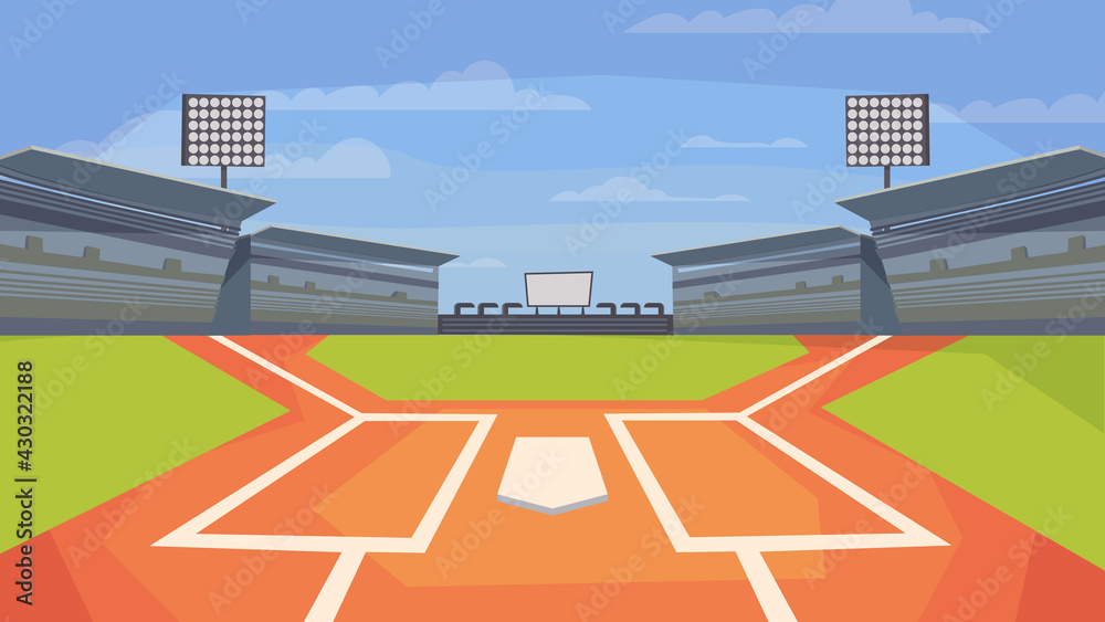 Baseball stadium view, banner in flat cartoon design. Sports center field for game, base, spotlights, stands with seats for spectators. Competitions concept. Vector illustration of web background