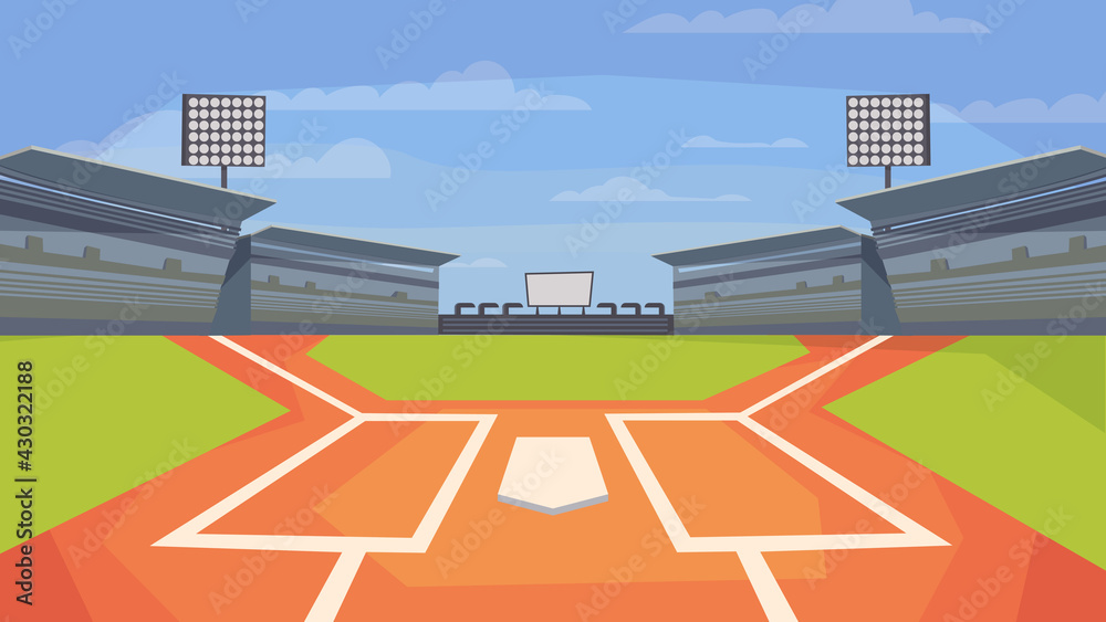 Baseball Stadium View Banner In Flat Cartoon Design Sports Center Field For Game Base Spotlights Stands With Seats For Spectators Competitions Concept Vector Illustration Of Web Background Stock Vector Adobe Stock