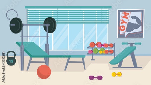 Gym interior, banner in flat cartoon design. Sports center with machines, barbell, dumbbells, ball. Healthy lifestyle, workout, weightlifting and fitness concept. Vector illustration of web background