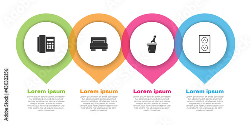 Set Telephone handset, Hotel room bed, Champagne in ice bucket and Lift. Business infographic template. Vector