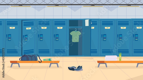 Locker room interior, banner in flat cartoon design. Sports center row of lockers for storing clothes, benches, uniforms. Healthy lifestyle, fitness concept. Vector illustration of web background
