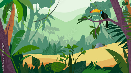 Jungle forest view, banner in flat cartoon design. Scenery with green tropical trees, plants and shrubs, toucan sits on branch. Wildlife panoramic with landscape. Vector illustration of web background