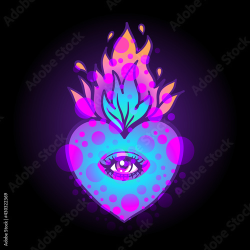 Sacred heart with eye and burning flame. Traditional Mexican heart. Hand draw...