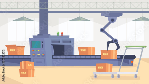 Production line at factory interior, banner in flat cartoon design. Conveyor automatic assembly line with cardboard boxes and robotic hand. Industrial innovation. Vector illustration of web background