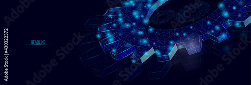 Wireframe low poly composition of cogwheels. Abstract vector  gear. Modern 3d vector illustration on dark blue background. Concept for mechanical technology, engineering, development, business.
