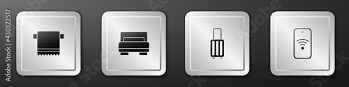 Set Towel on hanger, Hotel room bed, Suitcase and Mobile with wi-fi wireless icon. Silver square button. Vector