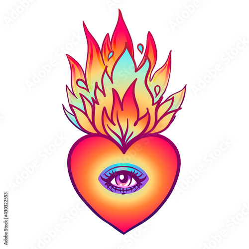 Sacred heart with eye and burning flame. Traditional Mexican heart. Hand draw...