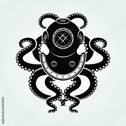 Diver helmet with octopus tentacles isolated on white background. Vector illustration