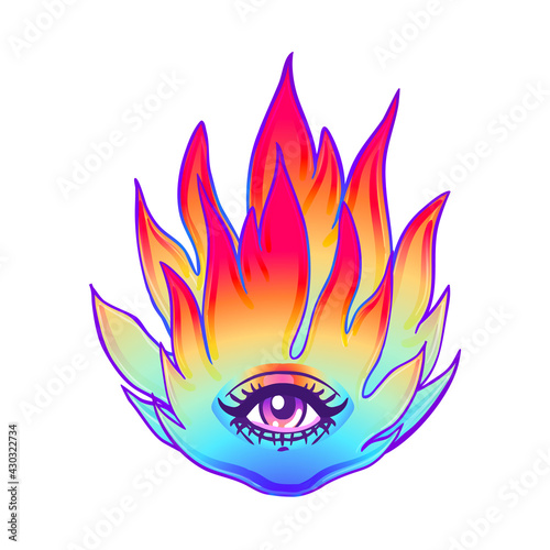 Burning Flame with an eye. All seeing eye with fire, symbol of the Masons, fi...
