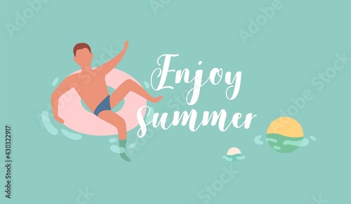 Man swimming and floating in inflatable ring in sea on summer holidays. Horiz...