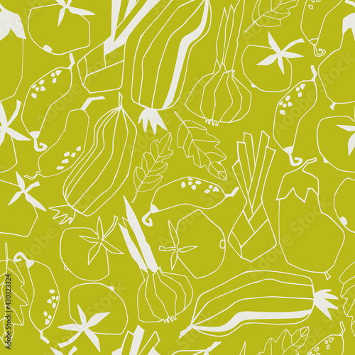 Seamless repeating pattern with vegetables. Abstract trendy illustrations on green background