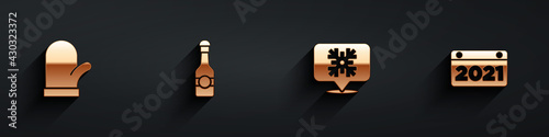 Set Christmas mitten, Champagne bottle, Snowflake speech bubble and Calendar icon with long shadow. Vector