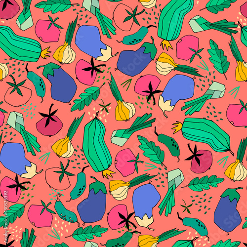 Seamless repeating pattern with vegetables. Abstract trendy illustrations on pink background