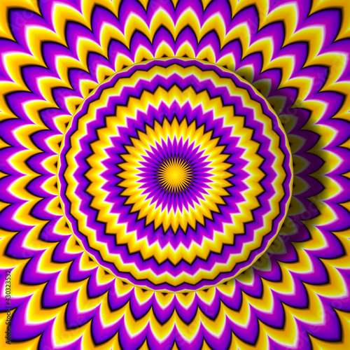 Yellow and purple growing sphere. Optical expansion illusion.