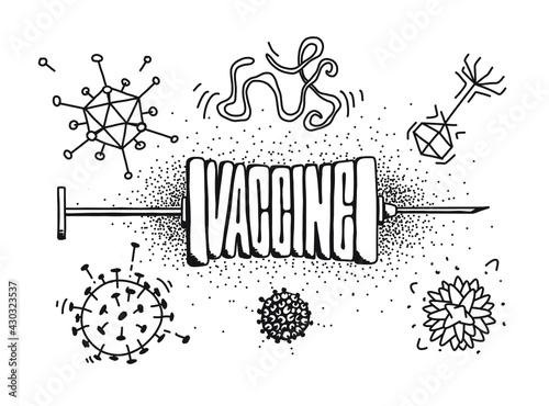 Different strains of the virus and a syringe with a dose of vaccine for vaccination and prevention of the epidemic