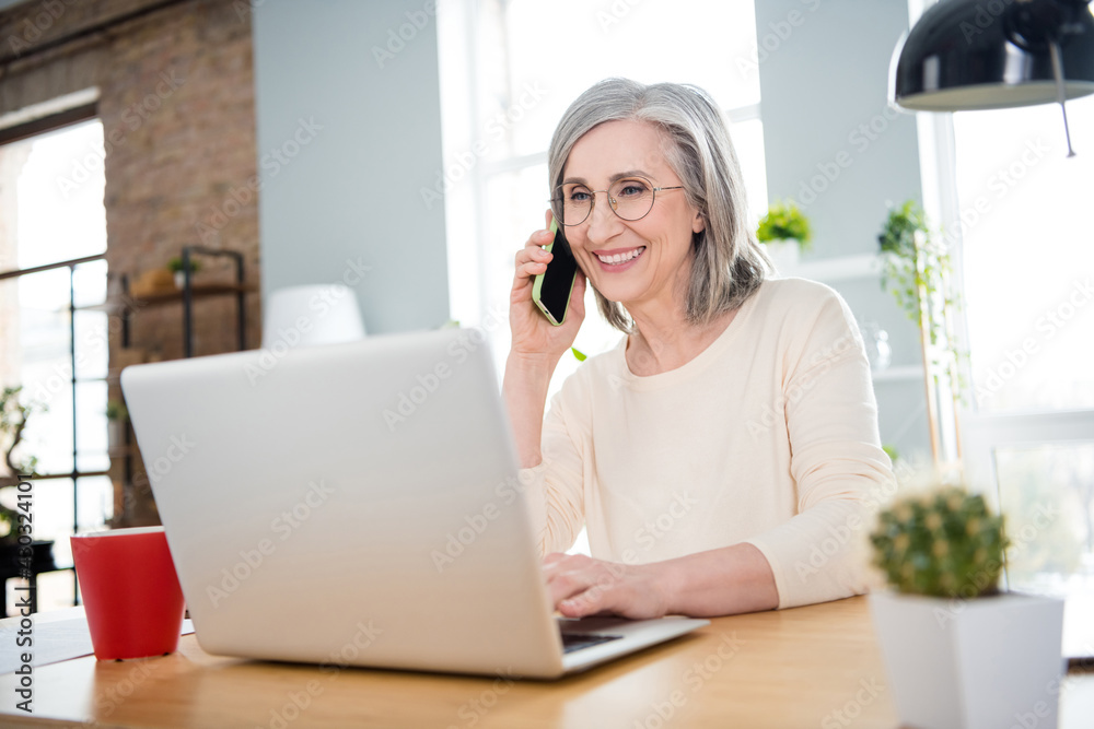 Portrait of attractive smart cheerful woman using laptop calling client discussing project at home flat house indoor