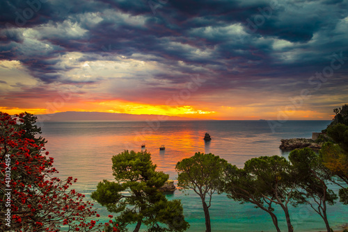 Beautiful morning after the storm. Cloudy sunrise over the sea, Mazzaro, Sicily