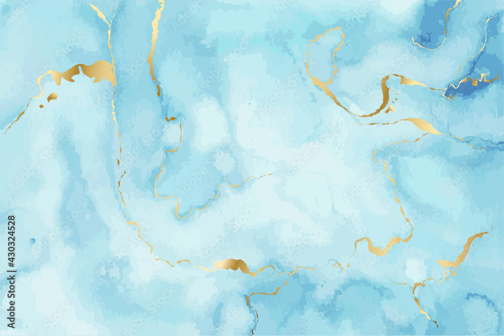 Blue watercolor fluid painting with luxury gold marble texture. Golden ink splash background. Design for wedding invitation, greeting card, wallpaper. Oriental style. Alcohol ink. Vector illustration Blue watercolor fluid painting with luxury gold marble texture. Golden ink splash background. Design for wedding invitation, greeting card, wallpaper. Oriental style. Alcohol ink. Vector illustration