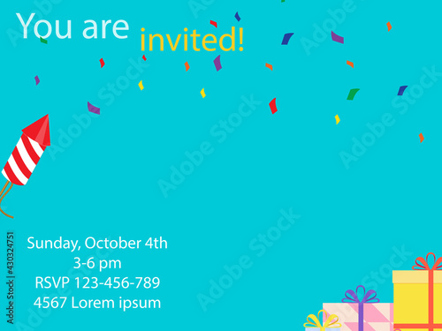Birthday party anniversary invitation card, banner. You are invited!