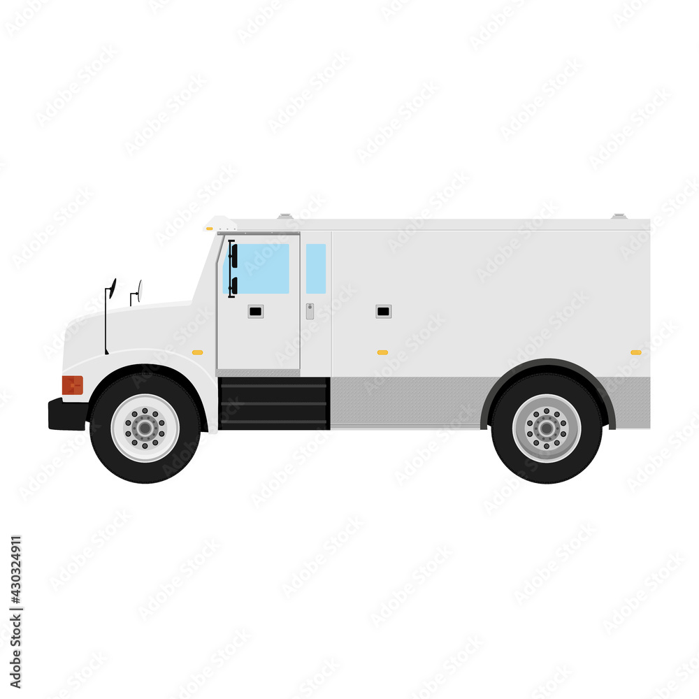 Armored truck side view. Utility security van vehicle. Vector isolated illustration.
