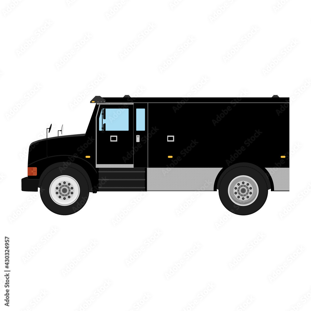 Black armored truck side view. Utility security van vehicle. Vector isolated illustration.