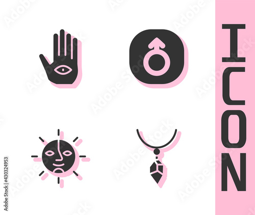 Set Necklace with crystal, Hamsa hand, Sun and Mars icon. Vector