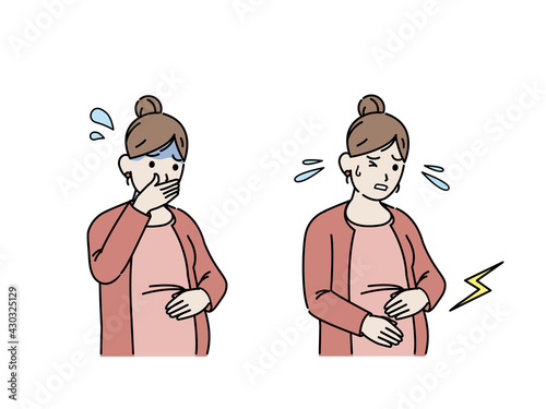 悪阻と陣痛　痛い　つらい　表情　妊婦　イラスト素材