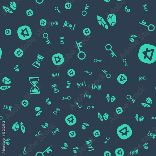 Set Old key, Magic stone, hourglass with sand and Air element on seamless pattern. Vector
