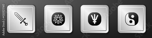 Set Medieval sword, Pentagram in circle, Neptune planet and Yin Yang icon. Silver square button. Vector