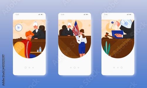 Court session. Law and justice. Judgment. Mobile app screens, vector website banner template. UI, web site design.