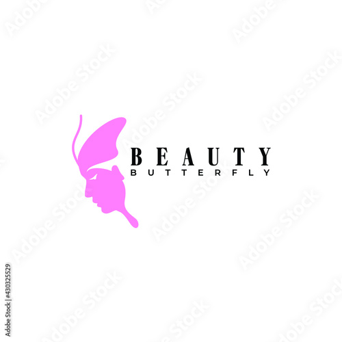 female face and beautiful pink butterfly logo vector illustration
