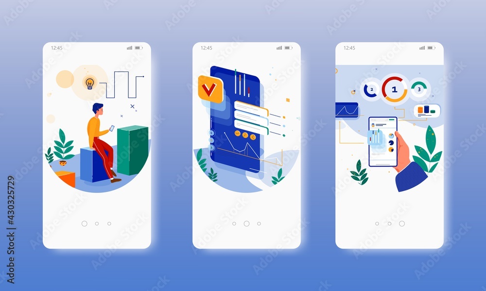 Vecteur Stock Use data. Dashboard. Data analysis. Mobile app onboarding ...