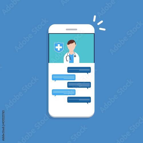 Telemedicine, smart phone chat with doctor on screen.